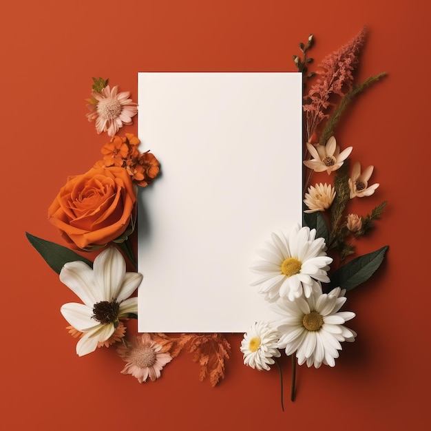 Blank white card with flowers around it on a Dark Orange color background