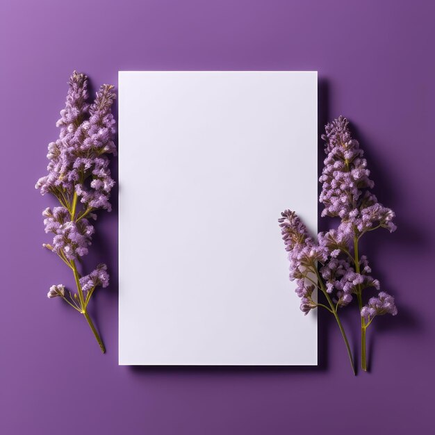 Blank white card with flowers around it on a medium purple color background