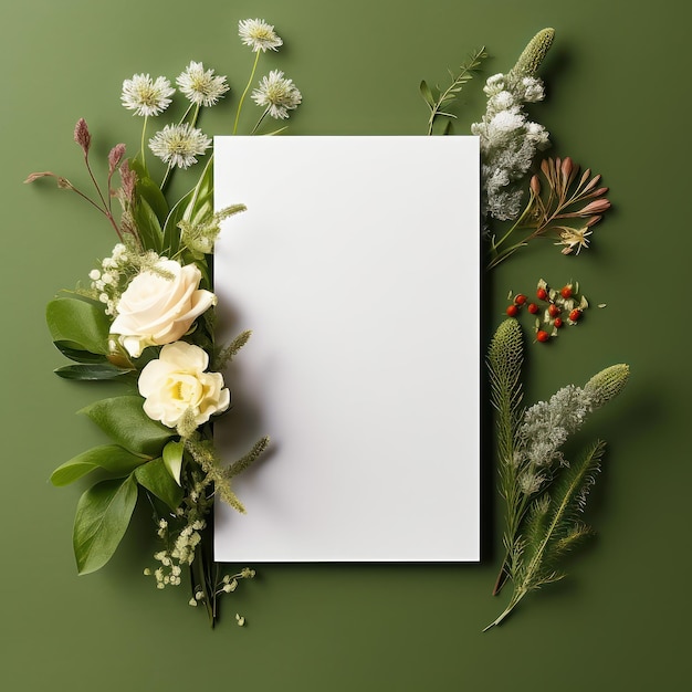 Blank white card with flowers around it on a Olive Drab color background