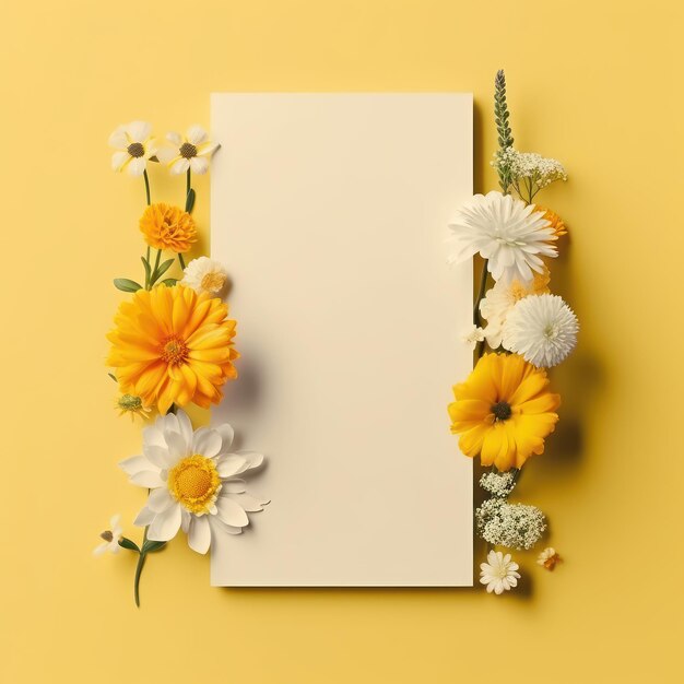 写真 明るい黄色の背景に花が描かれた空白の白いカード