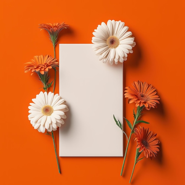 Blank white card with flowers around it on a orange color background