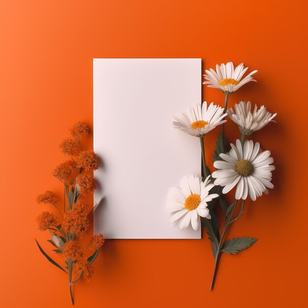 Blank white card with flowers around it on a orange color background