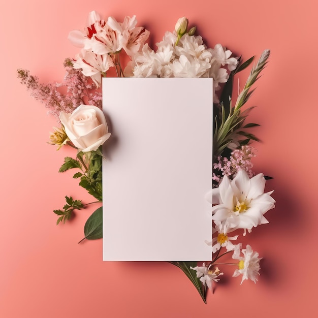 Blank white card with flowers around it on a pink color background