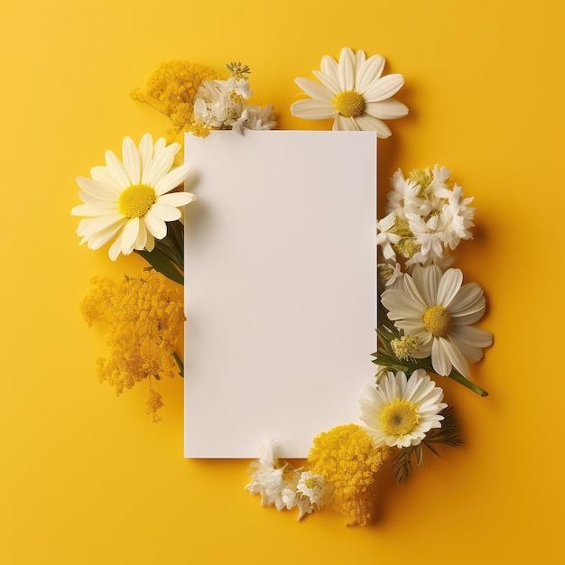 노란색 배경에 주위에 꽃이 있는 빈 흰색 카드