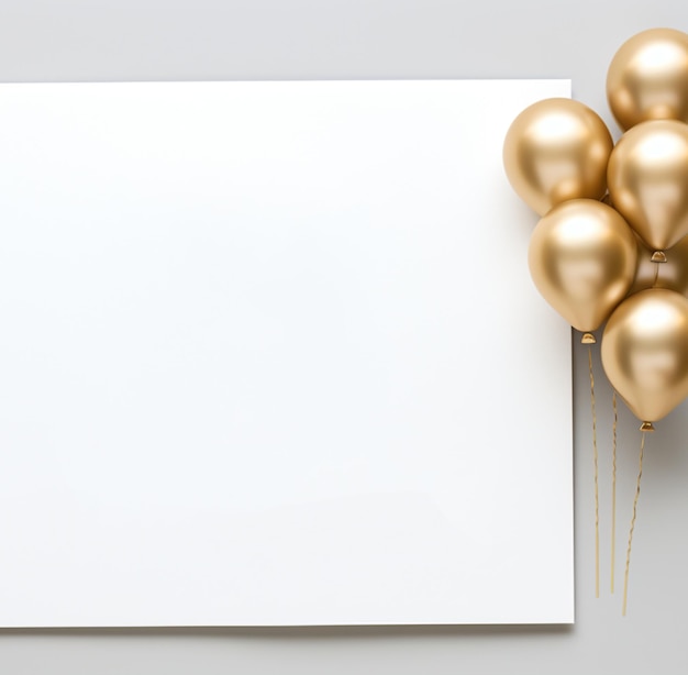 blank white card with golden balloons