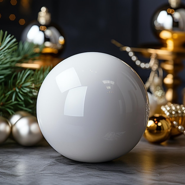 写真 クリスマスの背景のモックアップに白い白い陶器の装飾品