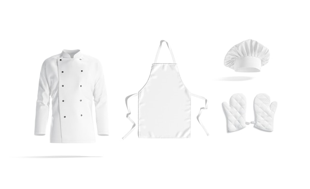 Blank white chef jacket apron hat and oven mitt mockup