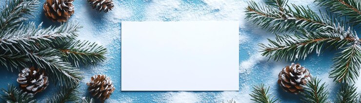 Фотография белый макет рождественской открытки на синем и белом фоне с сосновыми ветвями