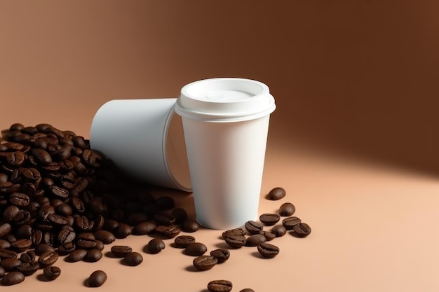 Blank white coffee cup mock up template surrounded by coffee beans Generative AI