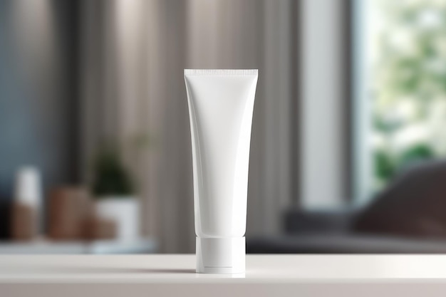 Blank white cosmetic tube mockup with living room background generative AI