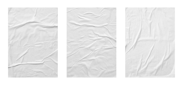 Photo blank white crumpled and creased paper poster texture set isolated on white background