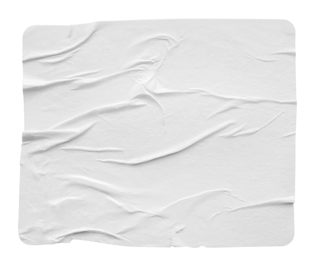 Blank white crumpled and creased paper sticker or poster texture isolated on white background