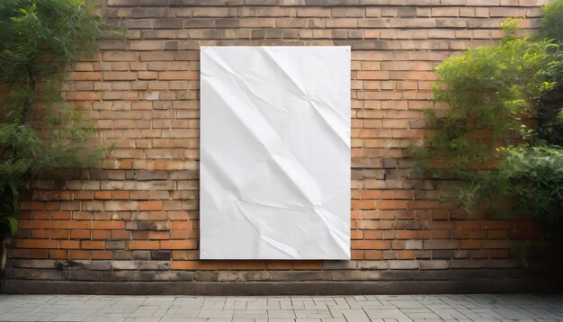 Blank white crumpled poster on street brick wall