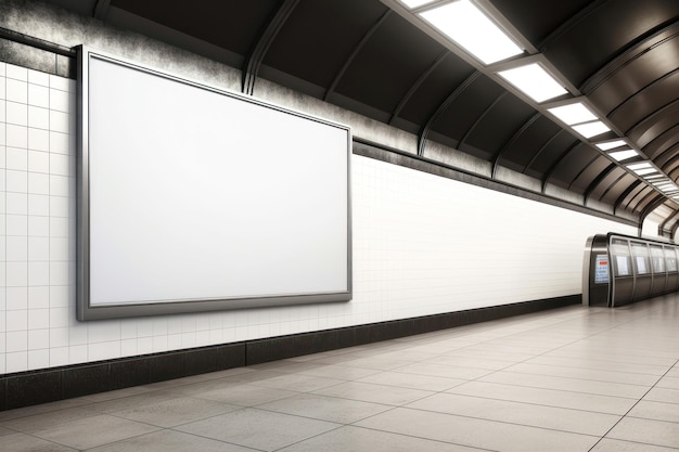 Blank white digital billboard light box in empty subway train station AI generated