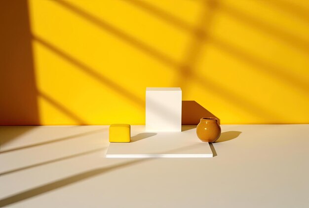 A blank white document on yellow tabletop with shadows in the style of neogeometric conceptualism