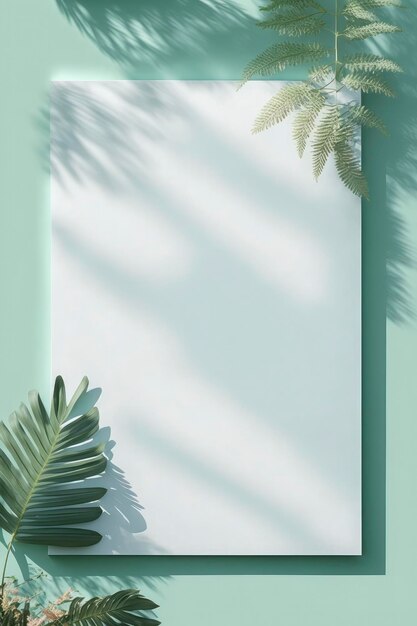 Blank white drawing canvas on mint colored surface with palm leaves home plants and soft floral shadows