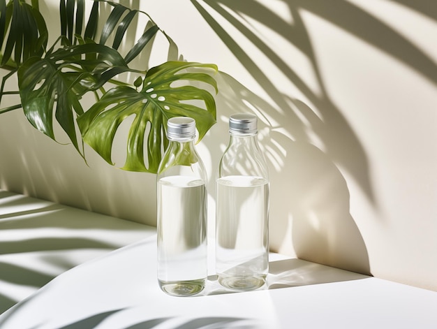 пустая белая бутылка с питьевой водой на белом столе фото ассортимент с минимальным стаканом