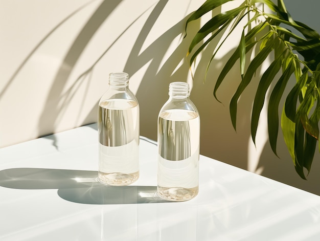 blank white drinking water bottle producnt on the white table photo assortment with minimal tumbler