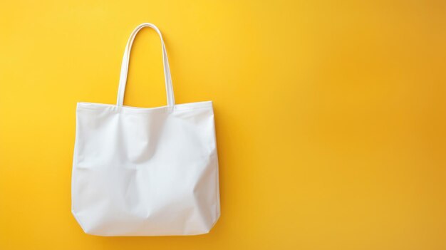 Blank white fabric bag mockup yellow background