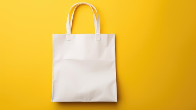 Photo blank white fabric bag mockup yellow background