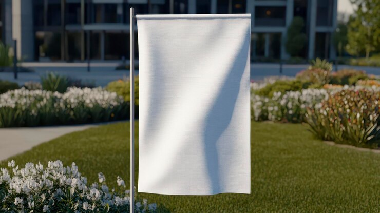 Blank white flag in a serene garden setting