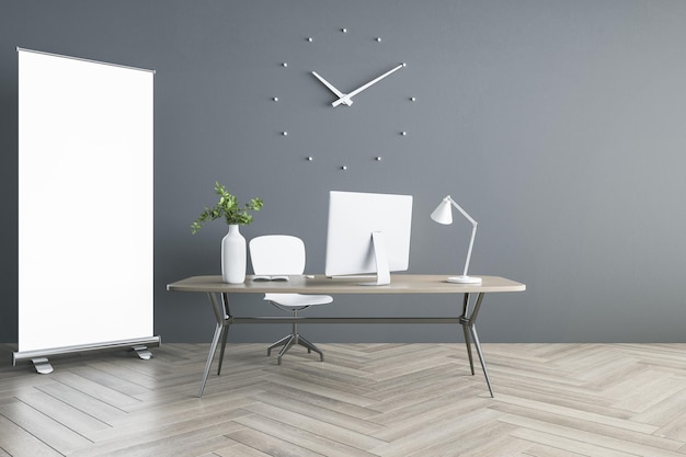 Blank white floor stand poster in modern office with wooden parquet wall clock and stylish furniture 3D rendering mockup