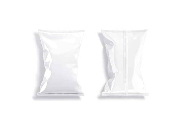 Photo blank white foil big chips pack mock up, top view, 3d rendering. empty polythene sachet package for crackers mockup, front and back, isolated. clear popcorn or nachos packet mokcup template.