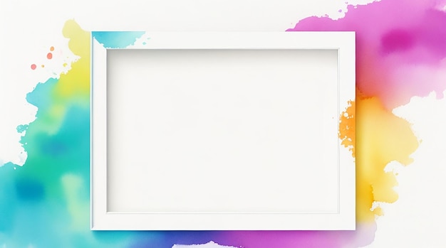 A blank white frame against a colorful background watercolor background