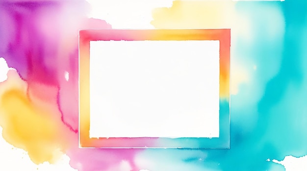 A blank white frame against a colorful background watercolor background