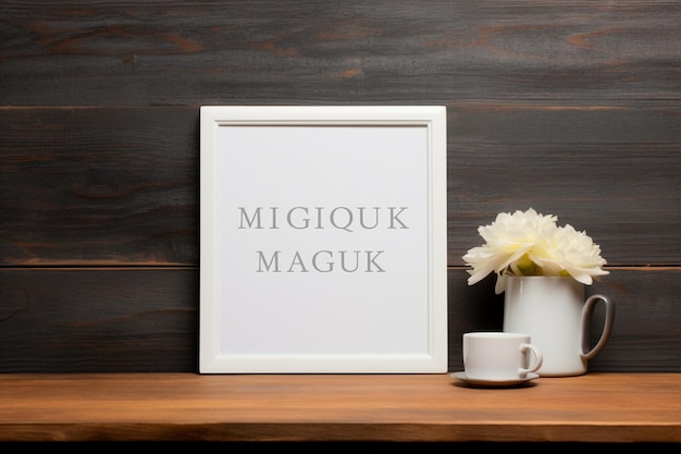 Blank white frame mockup on wooden table