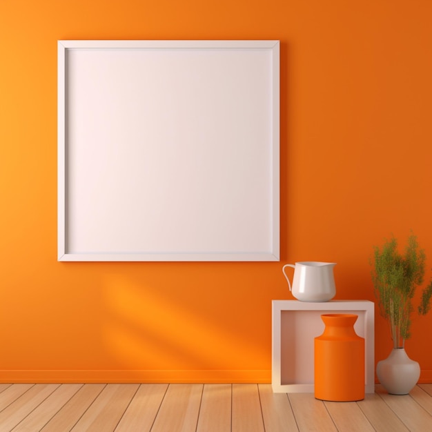 A blank white frame on a orange wall with a vase and vases on it