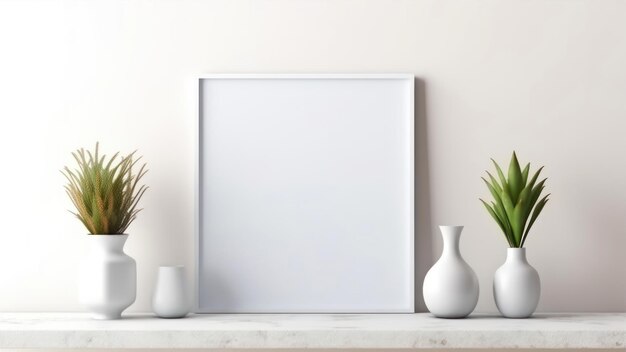 Blank white frame on a white shelf with plants