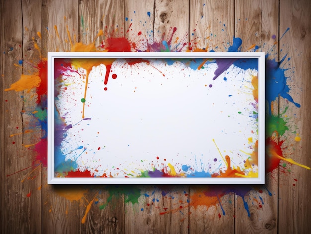 Blank white frame with colorful paint splashes on wooden background