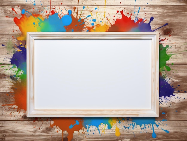 Blank white frame with colorful paint splashes on wooden background