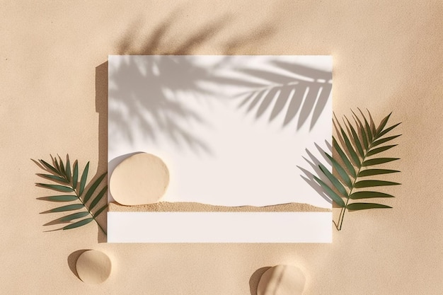 Пустая белая рамка с пальмовыми листьями и пальмой в левом верхнем углу.