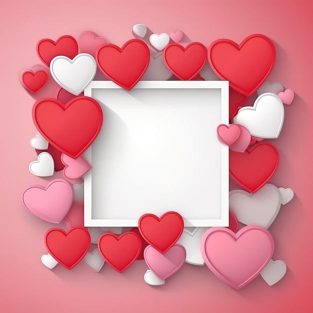 A blank white frame with red and pink hearts on it.