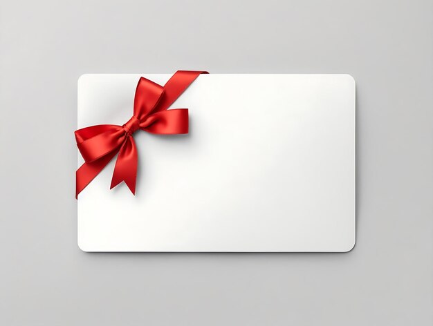 Photo blank white gift card with red bow on gray background