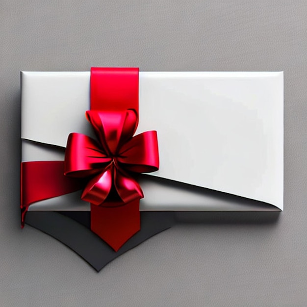 Фото Пустая белая подарочная карточка с красной лентой, изолированной на сером фоне с теней минимальной концептуальной