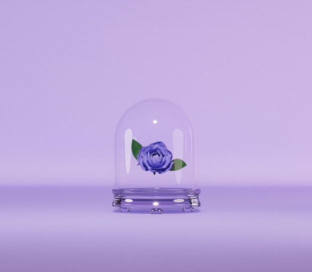 紫色のバラの花の3Dレンダリングでモックアップの空白の白いガラスのショーケースキューブ