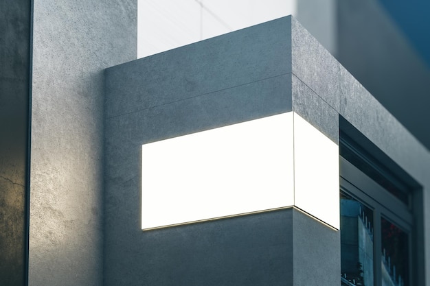 입구 3D 렌더링 모형 근처의 현대적인 건물 벽에 텍스트를 위한 카피스페이스가 있는 빈 흰색 빛나는 야외 간판