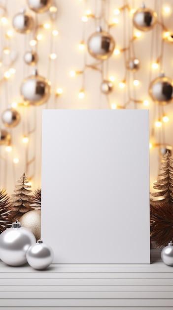 Photo blank white greeting card mockup 5x7 with christmas decoration on christmas background