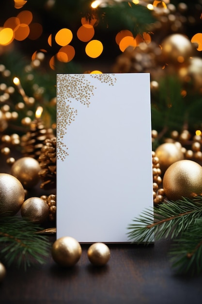 Foto modello di cartolina d'auguri bianco vuoto bellissimo sfondo decorato per natale