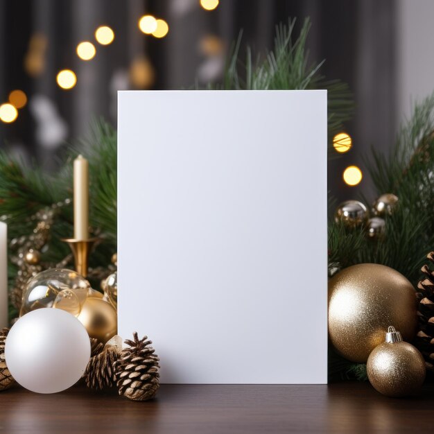 Blank white greeting card mockup beautiful background decorated for christmas