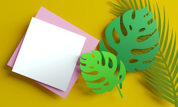 blank white greeting card or note with monstera and palm leaves. 3D rendering.