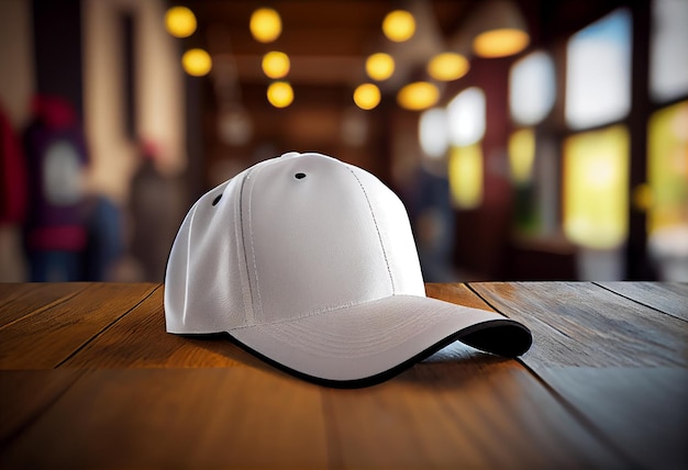 Blank White Hat Template Mockup on Wooden Surface in Modern Interior background Generative Ai Empty space for design