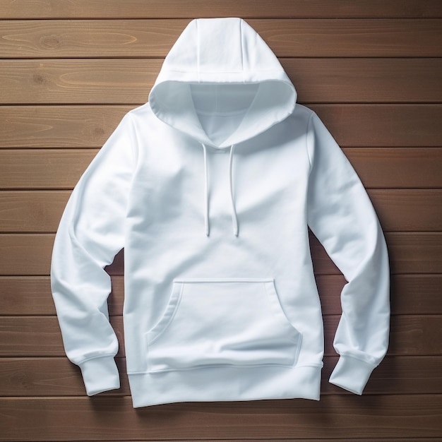 Blank white hoodie lying on the table photographed from above