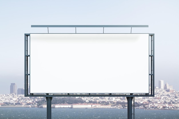 Blank white horizontal billboard on city buildings background at daytime front view mockup advertising concept