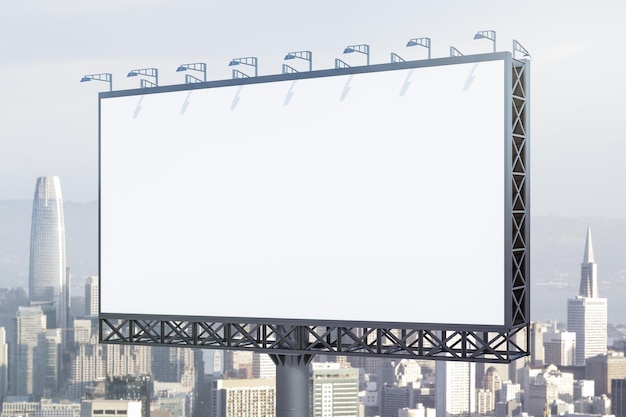 Blank white horizontal billboard on city buildings background\
at daytime perspective view mockup advertising concept