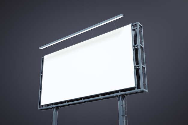 Blank white horizontal billboard isolated on dark background perspective view Mock up 3D Rendering