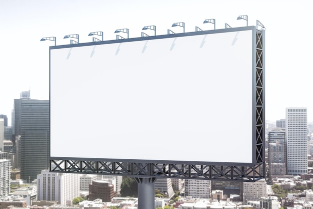 Blank white horizontal billboard on skyline background at daytime perspective view Mock up advertising concept